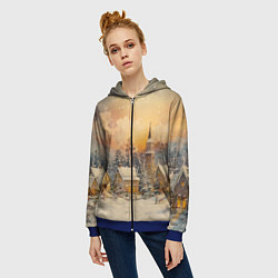 Толстовка на молнии женская Новогодний небольшой городок, цвет: 3D-синий — фото 2