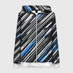 Женская толстовка на молнии Диагональные сине-белые полосы на чёрном фоне