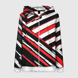 Толстовка на молнии женская Красно-белые диагональные полосы на чёрном фоне, цвет: 3D-белый