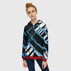 Толстовка на молнии женская Сине-белые линии на чёрном фоне, цвет: 3D-красный — фото 2