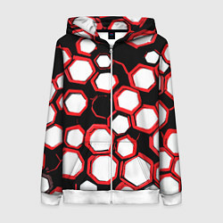 Женская толстовка на молнии Красно-белые шестиугольники на чёрном фоне