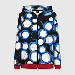 Женская толстовка на молнии Бело-синие шестиугольники на чёрном фоне