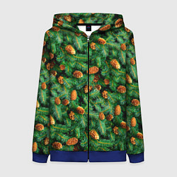 Толстовка на молнии женская Ёлка зелёная с шишками, цвет: 3D-синий