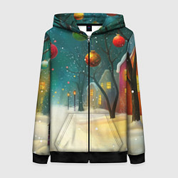 Толстовка на молнии женская Новогодние шары и тропинка, цвет: 3D-черный