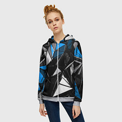 Толстовка на молнии женская Сине-белые рельефные треугольники на чёрном фоне, цвет: 3D-меланж — фото 2