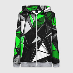 Женская толстовка на молнии Зелёно-белые рельефные треугольники на чёрном фоне