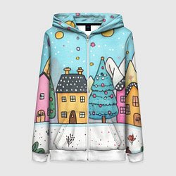 Женская толстовка на молнии Новогодние рисованные домики