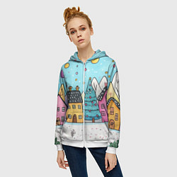 Толстовка на молнии женская Новогодние рисованные домики, цвет: 3D-белый — фото 2