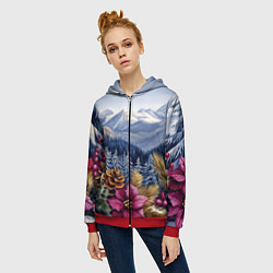 Толстовка на молнии женская Новогодний горный пейзаж с цветами, цвет: 3D-красный — фото 2