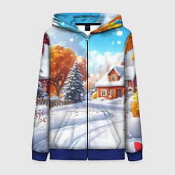 Женская толстовка на молнии Новогодний пейзаж и домики