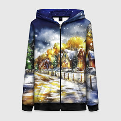 Женская толстовка на молнии Новогодний пейзаж акварель