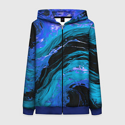 Толстовка на молнии женская Синие брызги на чёрном фоне, цвет: 3D-синий