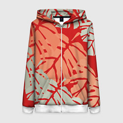 Толстовка на молнии женская Отпечатки монстеры на красном, цвет: 3D-белый