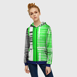 Толстовка на молнии женская Белые полосы на зелёно-чёрном фоне, цвет: 3D-синий — фото 2