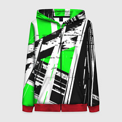 Женская толстовка на молнии Чёрно-белые абстрактные линии на зелёном фоне