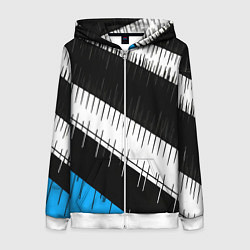 Женская толстовка на молнии Диагональные чёрно-белые полосы на синем фоне