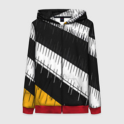 Толстовка на молнии женская Диагональные чёрно-белые полосы на жёлтом фоне, цвет: 3D-красный