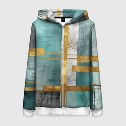 Толстовка на молнии женская Узоры акварелью бирюзового и золотого цвета, цвет: 3D-белый