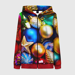 Толстовка на молнии женская Новогодние украшения, цвет: 3D-красный