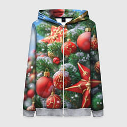 Толстовка на молнии женская Красные шары и звезда новогодняя, цвет: 3D-меланж