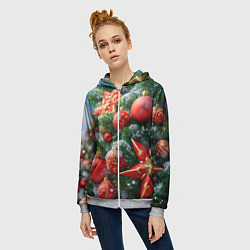 Толстовка на молнии женская Красные шары и звезда новогодняя, цвет: 3D-меланж — фото 2
