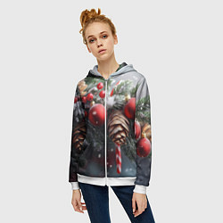 Толстовка на молнии женская Новогодние украшения на ветках, цвет: 3D-белый — фото 2