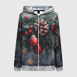 Толстовка на молнии женская Красные игрушки на елке и шишки, цвет: 3D-меланж
