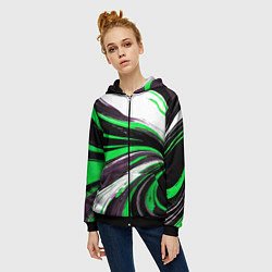 Толстовка на молнии женская Волнистые чёрно-зелёные линии на белом фоне, цвет: 3D-черный — фото 2