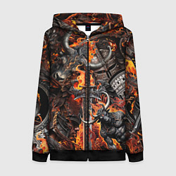 Женская толстовка на молнии Гладиатор и минотавр на фоне огня мечей и щитов