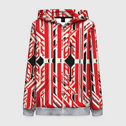 Женская толстовка на молнии Бело-красные техно полосы на чёрном фоне