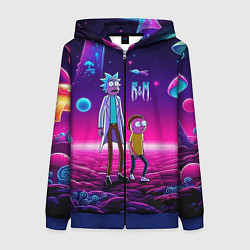 Толстовка на молнии женская Морти и Рик на планете неоновых сказочных грибов, цвет: 3D-синий