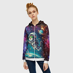 Толстовка на молнии женская Котик в космосе с лазерным пистолетом, цвет: 3D-белый — фото 2