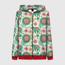 Толстовка на молнии женская Слоны и мандалы паттерн в индийской стилистике, цвет: 3D-красный