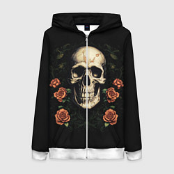 Толстовка на молнии женская Череп в красных розах, цвет: 3D-белый