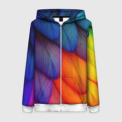 Толстовка на молнии женская Радужные перья попугая, цвет: 3D-белый