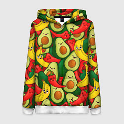 Толстовка на молнии женская Авокадо, бананы, перцы чили улыбаются - паттерн фр, цвет: 3D-белый