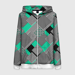 Толстовка на молнии женская Черно бирюзовая абстрактная геометрия пэчворк, цвет: 3D-белый