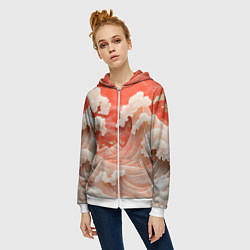 Толстовка на молнии женская Японские красные волны, цвет: 3D-белый — фото 2