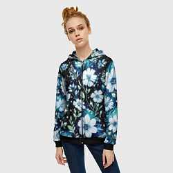 Толстовка на молнии женская Стилизованные цветы сине-зелёный, цвет: 3D-черный — фото 2