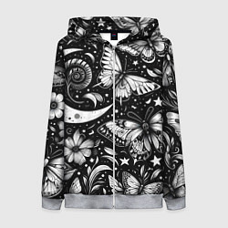 Женская толстовка на молнии Паттерн из бабочек цветов и луны - нейроарт