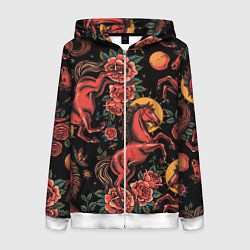 Толстовка на молнии женская Красная лошадь с розами, цвет: 3D-белый