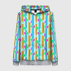 Толстовка на молнии женская Полосатый с сердечками ретро в горошек, цвет: 3D-меланж