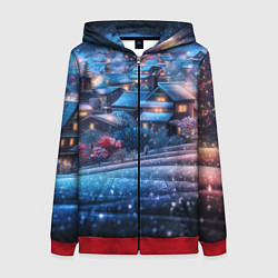 Толстовка на молнии женская Новогодний двор в блестках, цвет: 3D-красный