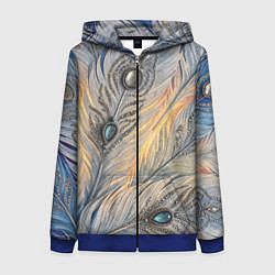 Толстовка на молнии женская Синие перья с самоцветами, цвет: 3D-синий