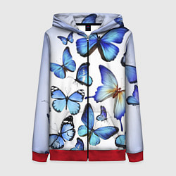 Толстовка на молнии женская Голубые бабочки, цвет: 3D-красный