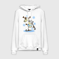 Толстовка-худи хлопковая женская Олень на лыжах, цвет: белый