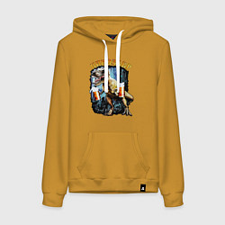Толстовка-худи хлопковая женская Пивозавр Динозавр с пивом, цвет: горчичный