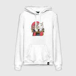 Толстовка-худи хлопковая женская Котик Самурай Samurai Cat Japanese art, цвет: белый