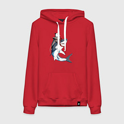 Толстовка-худи хлопковая женская Опоссум верхом на акуле, цвет: красный