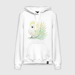 Толстовка-худи хлопковая женская Белый попугай с хохолком на фоне листьев пальмы, цвет: белый